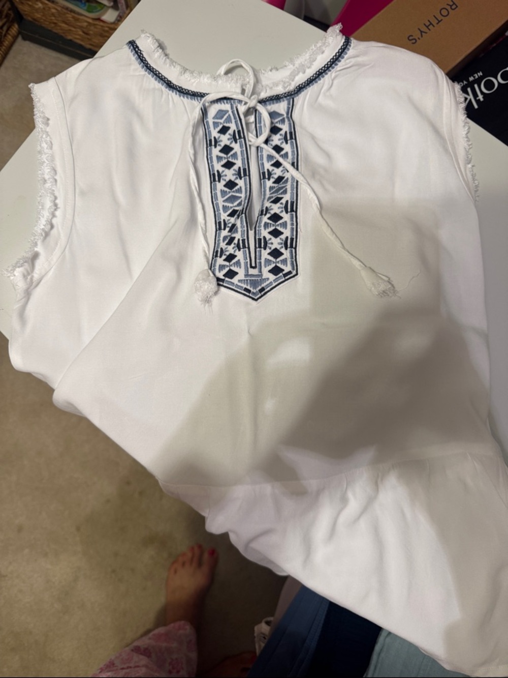 Cato White Sleeveless Tunic with Navy Embroidered Placket
